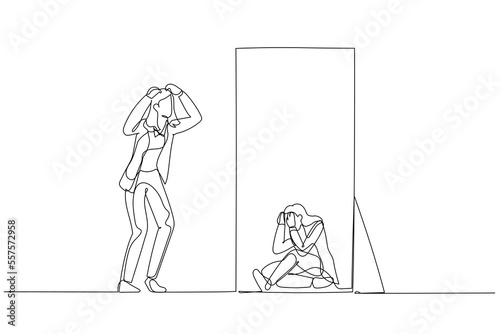 Cartoon of business woman panic look into mirror seeing depressed self. Single line art style