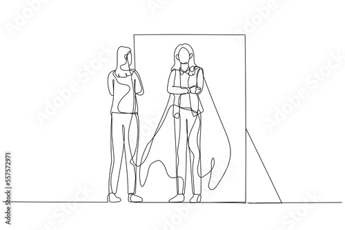 Drawing of business woman reflect self looking into inner strength in mirror. One line style art
