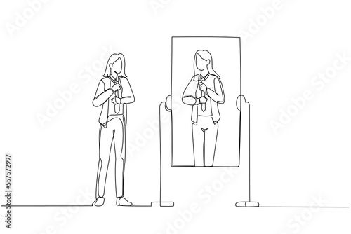 Drawing of business woman getting ready to work looking into mirror. One continuous line art style