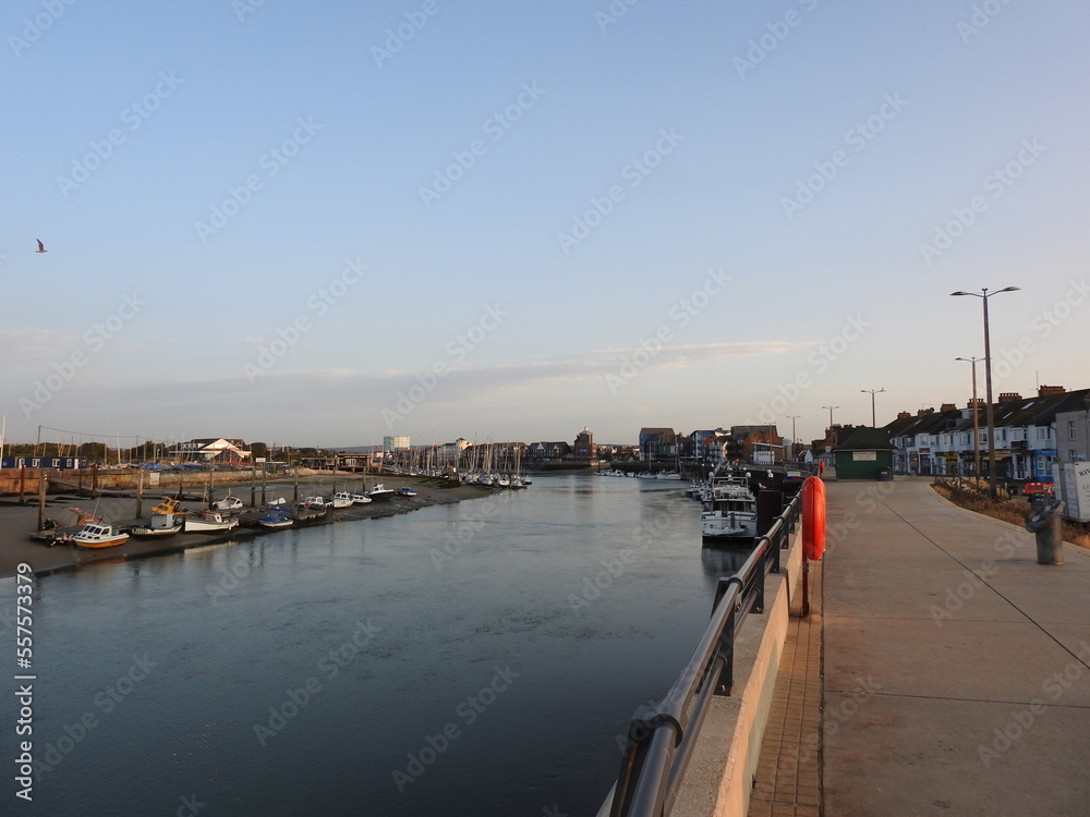 View of the canal, buildings, promenade in the town of Littlehampton