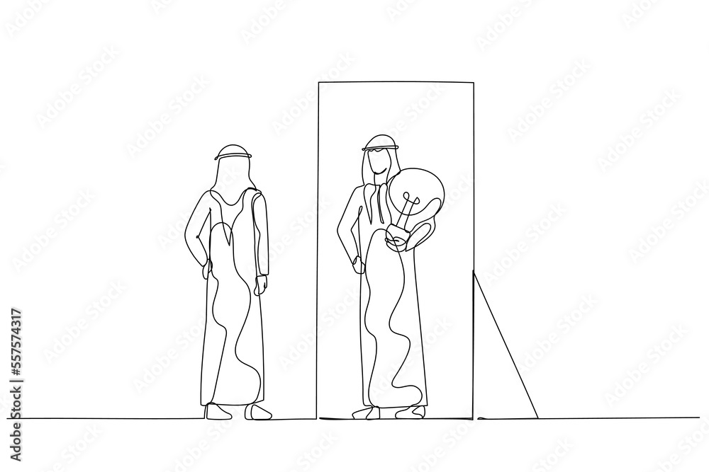Illustration of arab man getting bright business idea solution after inner talk. One line style art