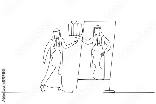 Drawing of arab man giving reward to self when achieving goal celebrate victory. Single line art style