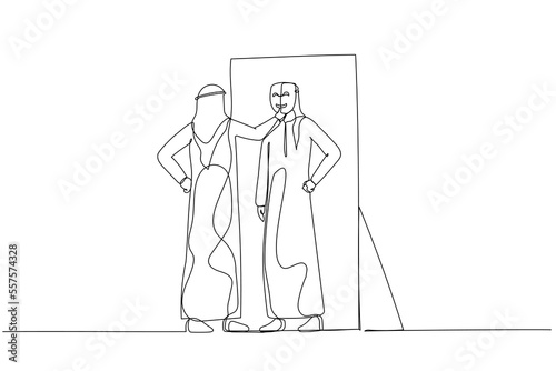 Drawing of arab man putting mask into self reflection concept of impostor syndrome. Single continuous line art