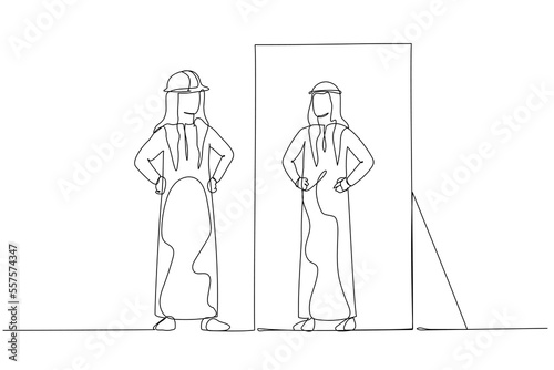 Drawing of blue collar worker looking into arab man version of self in the mirror. Single line art style