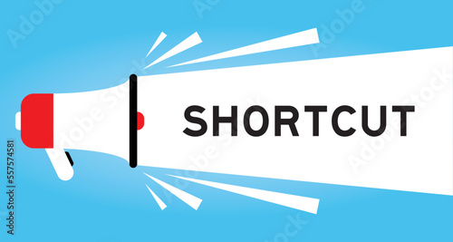 Color megaphone icon with word shortcut in white banner on blue background