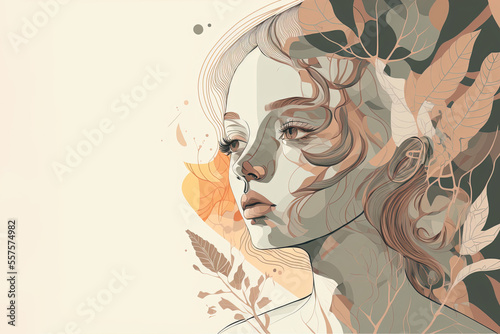 Abstract art collage of a young woman with plants and flowers being in touch with nature