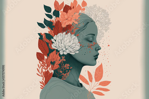 Abstract art collage of a young woman with plants and flowers being in touch with nature
