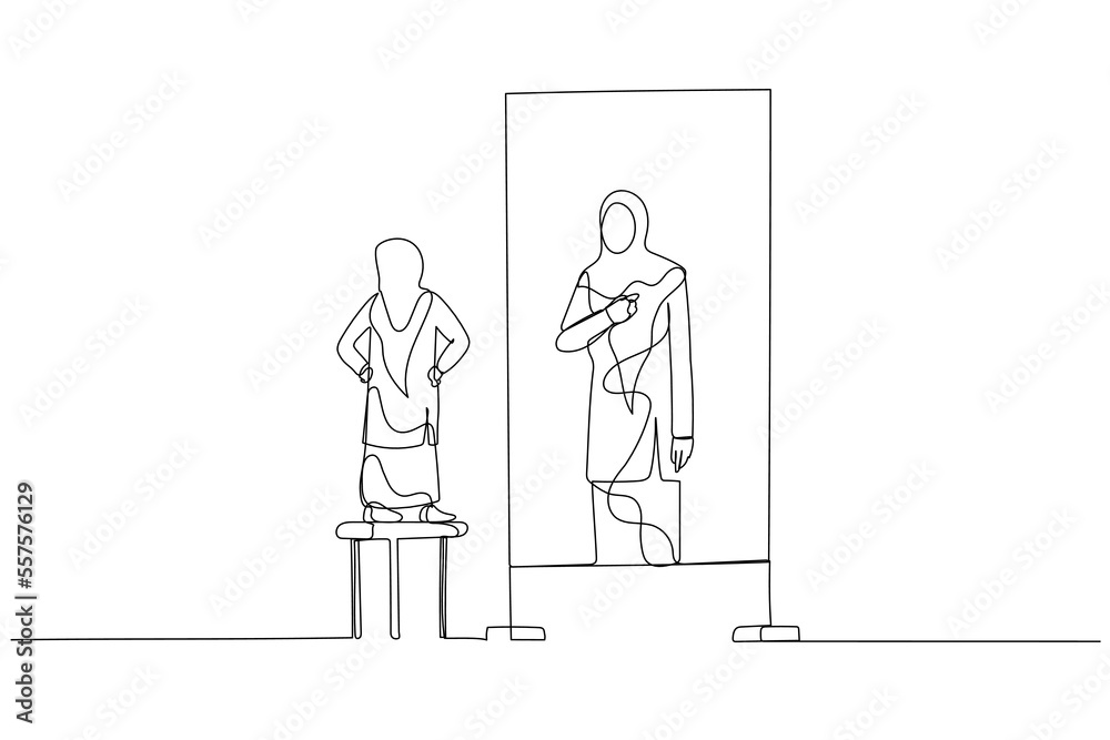 Illustration of kid dreaming become success woman wear hijab in the future. Single continuous line art style Illustration of kid dreaming become success woman wear hijab in the future. Single continuous line art style
