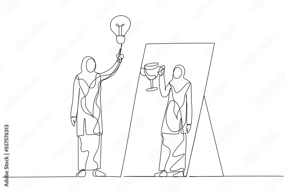 Drawing of woman wear hijab having ide lightbulb looking into mirror have reflection holding award trophy. One continuous line art style