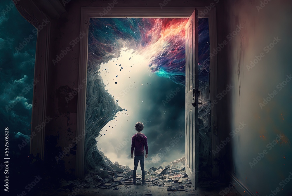 illustration, of a boy open a big gate to face the giant storm with high wave, door way to the unknown