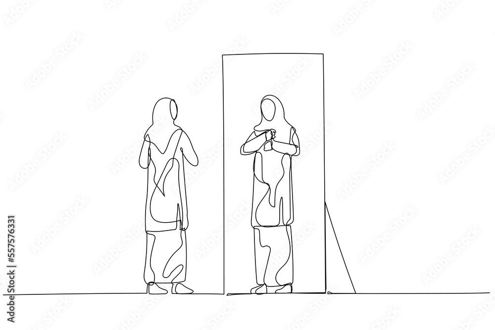 Drawing of woman wear hijab getting ready to work. One line art style