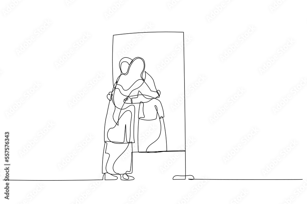 Cartoon of woman wear hijab hugging own reflection on the mirror concept of self love. Single line art style