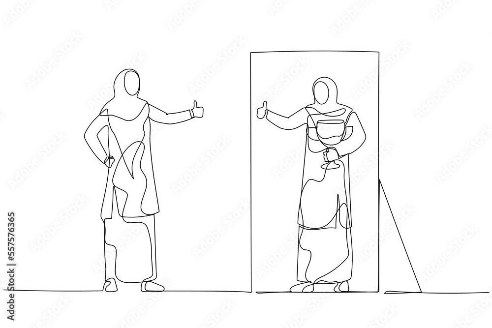 Cartoon of woman wear hijab looking into mirror self giving thumb up concept of self love. Single line art style