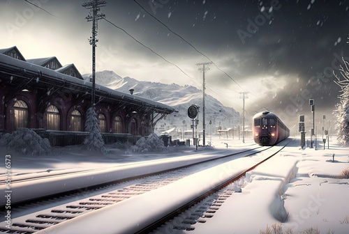  train at the railway station with winter weather snowfall 