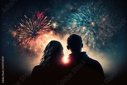 illustration background of a couple happy together watching firework show at winter night festival