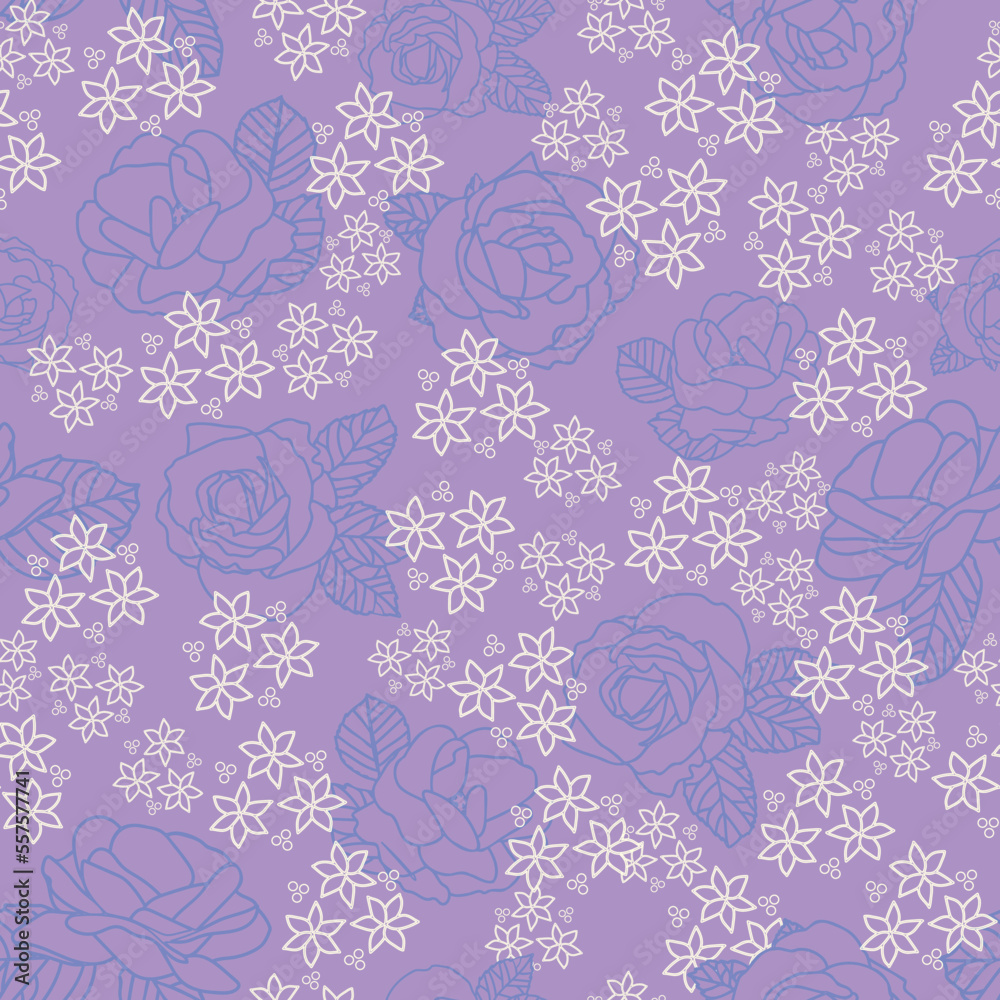 Vector seamless pattern of roses and clematis, perfect for floral background texture, wallpaper, wrapping paper, fabric, scrapbooking and design.