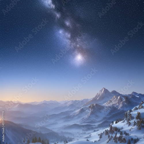 small town lights in the valley with starry sky over snow-covered mountains at night