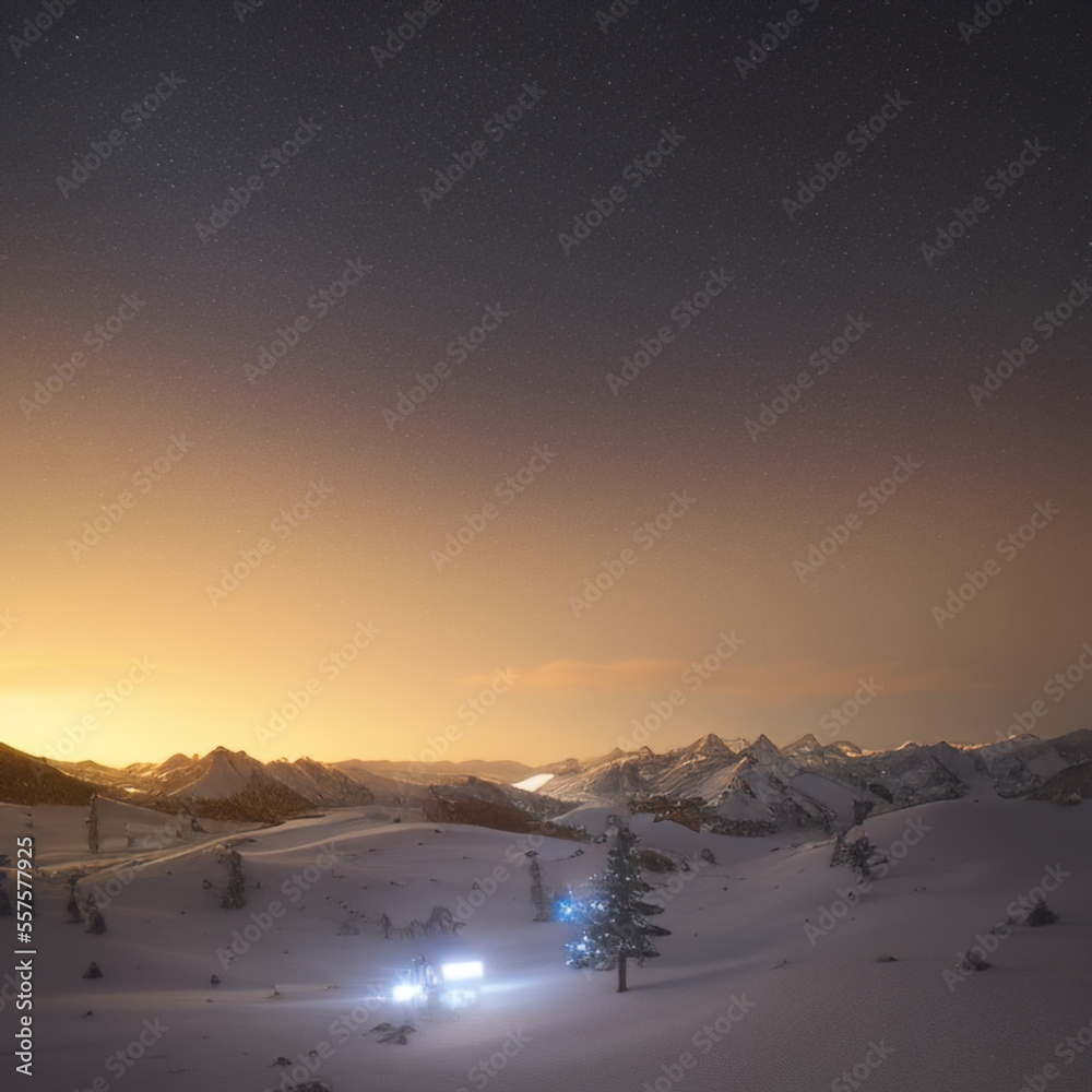 small town lights in the valley with starry sky over snow-covered mountains at night small town lights in the valley with starry sky over snow-covered mountains at night
