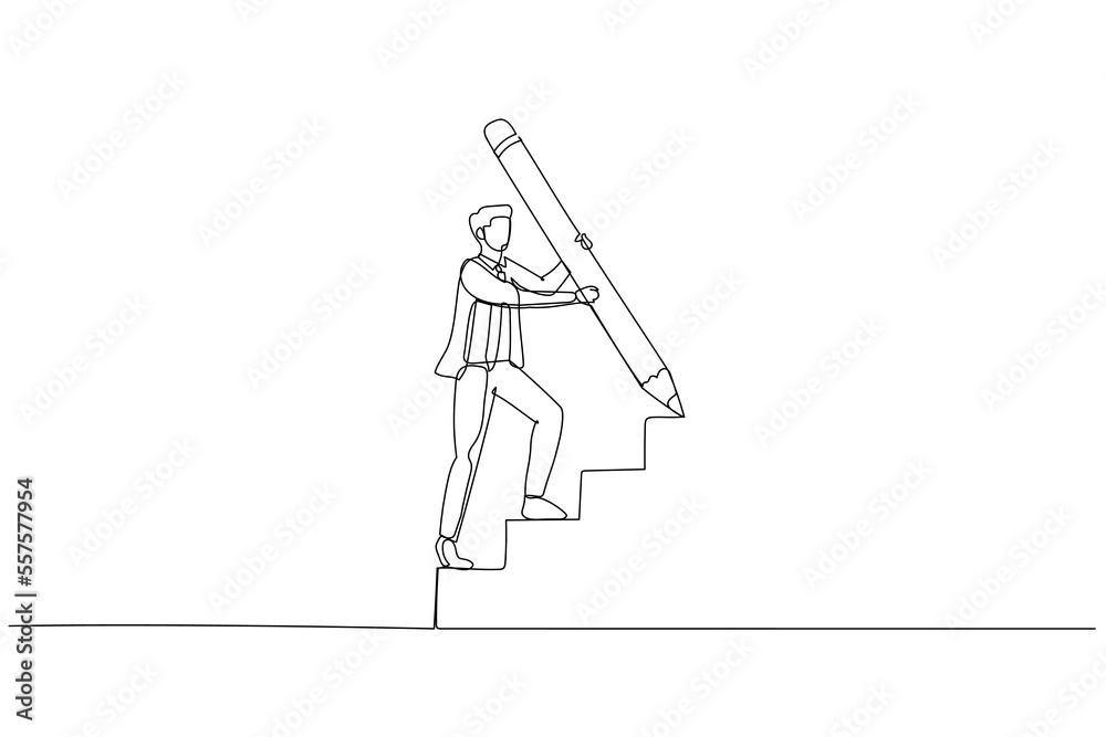 Drawing of businessman use huge pencil draw staircase climbing up ladder concept of business development. Single continuous line art style