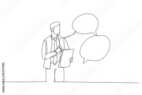Drawing of businessman taking note in the meeting while listen to others information concept of minutes of meeting. Single continuous line art style