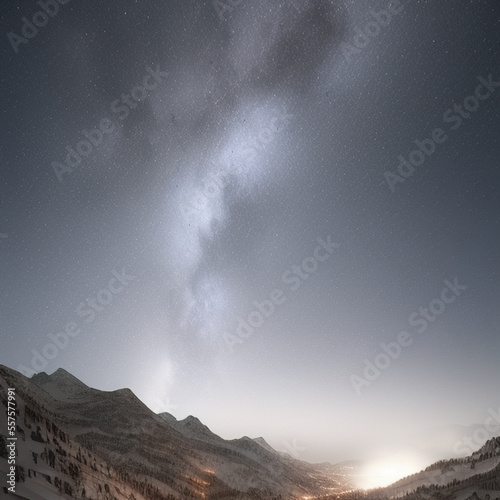 small town lights in the valley with starry sky over snow-covered mountains at night