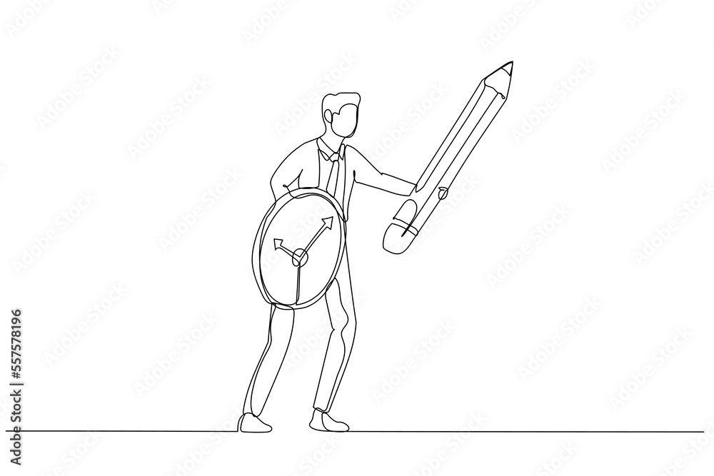 Drawing of businessman using pencil as sword and clock as shield concept of procrastination or time management. Continuous line art