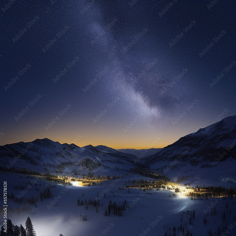 small town lights in the valley with starry sky over snow-covered mountains at night