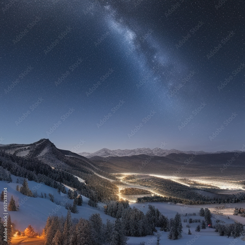 small town lights in the valley with starry sky over snow-covered mountains at night small town lights in the valley with starry sky over snow-covered mountains at night