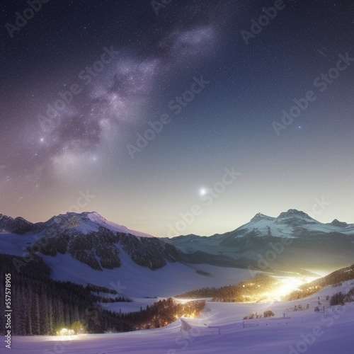 small town lights in the valley with starry sky over snow-covered mountains at night © Kuba