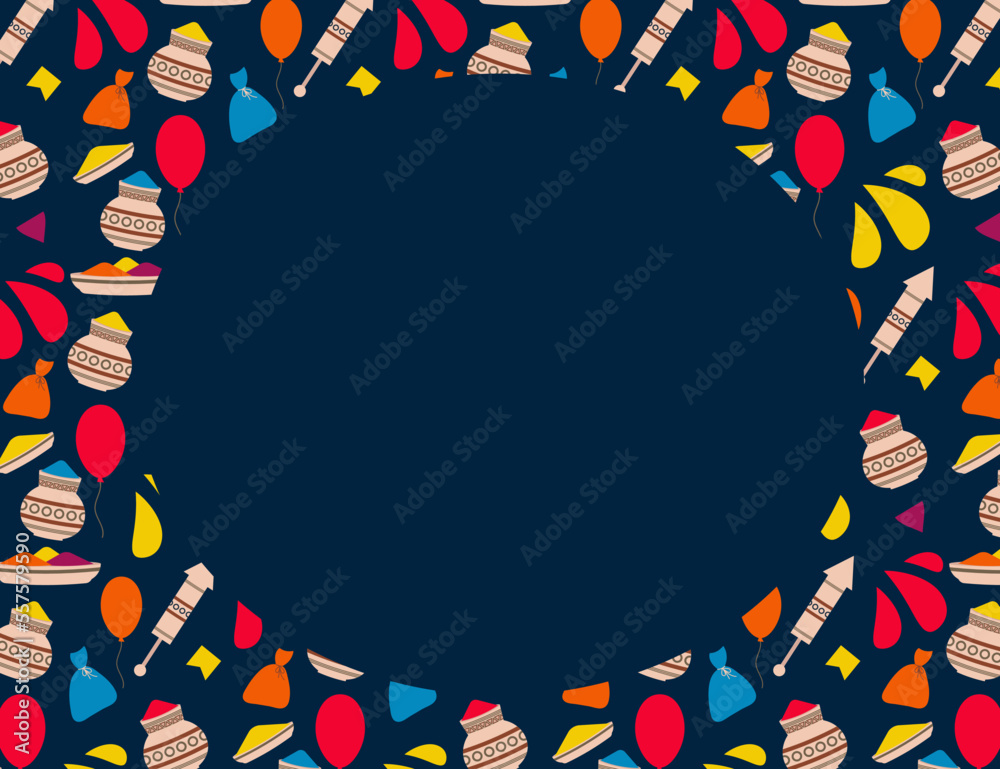 Holi festival pattern with  place for your design. Black background. Holi is a popular ancient Hindu festival. Festival of spring. Festival of colours