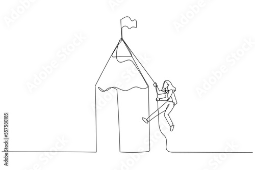 Illustration of businesswoman climbing pencil mountain to reach winning flag concept of reach goal. Continuous line art style