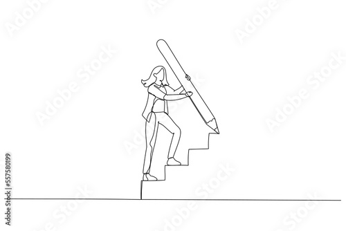 Cartoon of businesswoman use huge pencil draw staircase climbing up ladder concept of business development. Single line art style