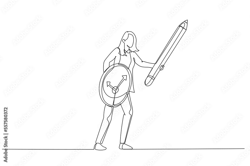 Obraz premium Cartoon of businesswoman using pencil as sword and clock as shield concept of procrastination or time management. Single line art style