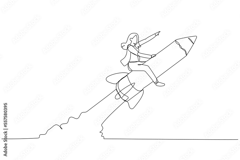 Cartoon of businesswoman riding pencil rocket flying in the sky concept of education. Single continuous line art