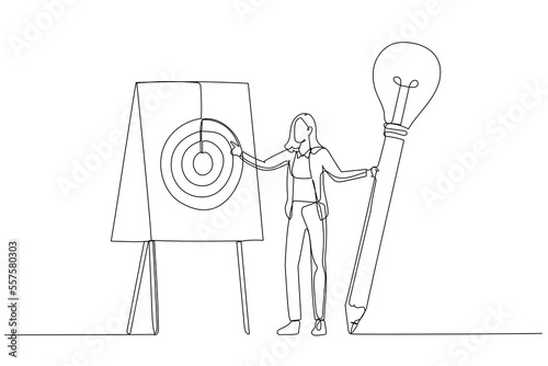 Drawing of businesswoman holding lightbulb idea pencil about to write business plan concept of strategy. One continuous line art style