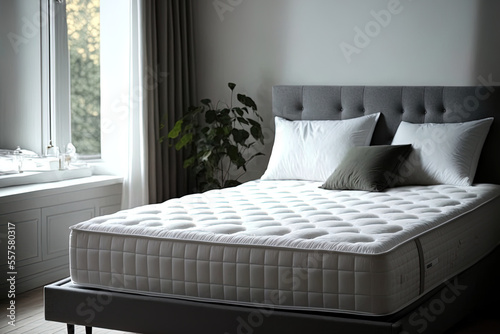 a comfortable bed in the room with a fresh mattress. Suitable sleep. Generative AI