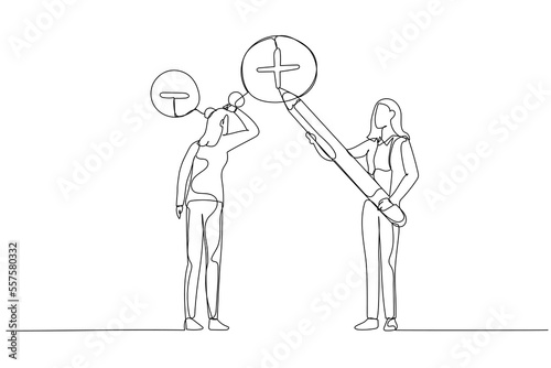 Illustration of businesswoman manager using pencil to draw positive sign on employee negative thought concept of attitude. Single continuous line art style