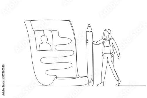 Drawing of businesswoman professional finish writing resume concept of best resume CV for applying job. One line art style