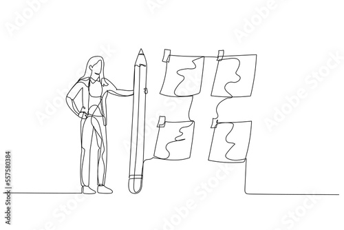 Drawing of businesswoman with pencil sort sticky notes concept of prioritize work. One line style art