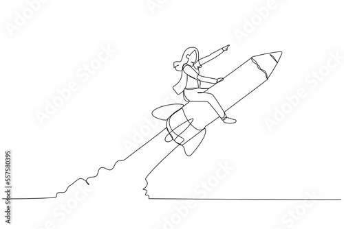 Cartoon of businesswoman riding pencil rocket flying in the sky concept of education. Single continuous line art