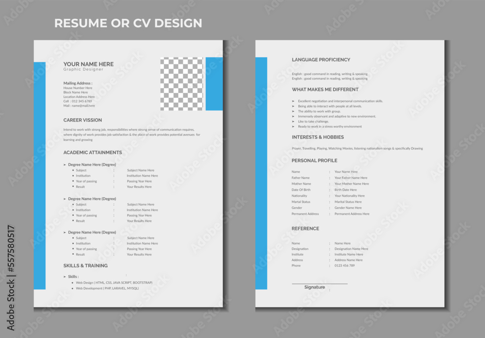 Corporate 2 pages resume or cv template design 