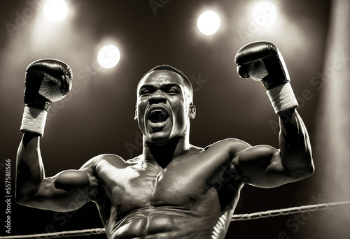 Boxer in ring, black and white image - Generative AI