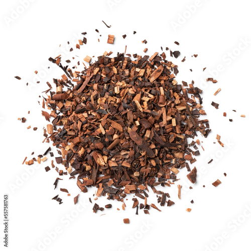 Dried rooibos, bush tea, red tea, redbush tea leaves close up isolated on white background
