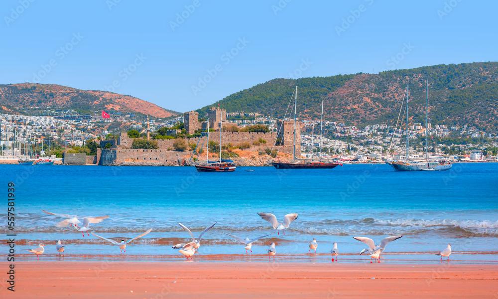 Fototapeta premium Panoramic view of Saint Peter Castle (Bodrum castle) and marina View of Bodrum beach in the foreground - Bodrum, Turkey
