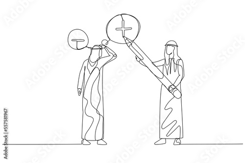 Illustration of businesswoman manager using pencil to draw positive sign on employee negative thought concept of attitude. Single continuous line art style