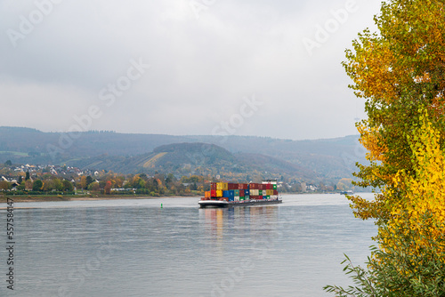 Ship at the Rhine River in Braubach (Mittelrheintal region, Germany)
