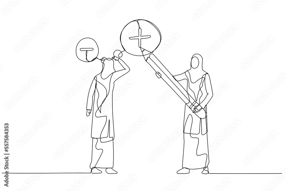 Illustration of muslim woman manager using pencil to draw positive sign on employee negative thought concept of attitude. Continuous line art style Illustration of muslim woman manager using pencil to draw positive sign on employee negative thought concept of attitude. Continuous line art style