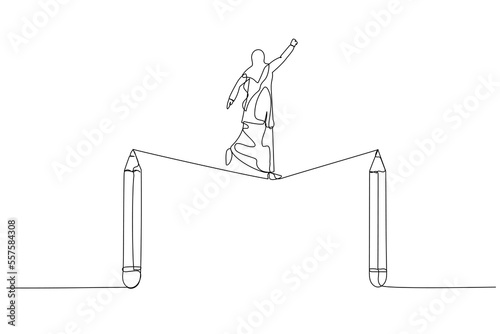 Cartoon of muslim woman walk tightrope between pencils concept of struggle in creativity. Single line art style