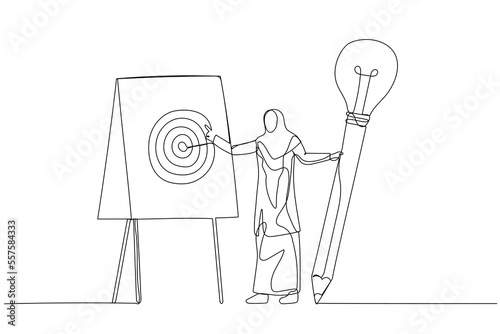 Drawing of muslim woman holding lightbulb idea pencil about to write business plan concept of strategy. One line style art