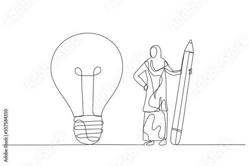 Cartoon of muslim woman use pencil to connect the dots and create the idea bulb concept of business understanding. Single continuous line art